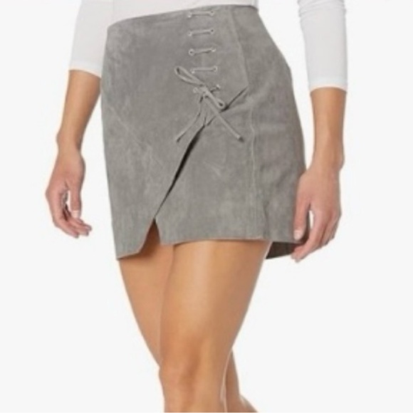 BLANKNYC 100% Leather Real Suede Front Faux Wrap Lace Side Detail Mini Skirt 27 - Picture 1 of 15